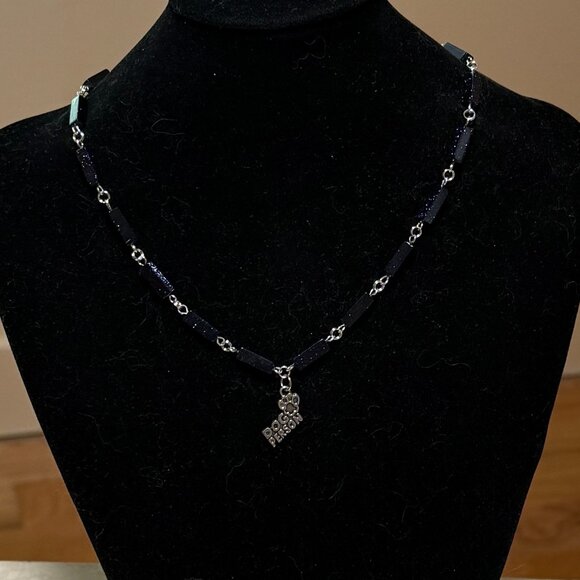 Dark Blue Goldstone Short Necklace w/ Silver Dog Person Paw Print Charm - Picture 3 of 14